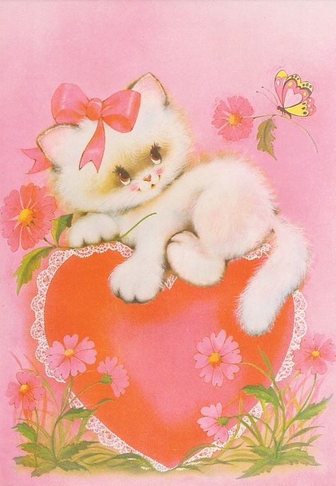 Valentines Kitten & Butterfly Retro Valentines, Retro Cats, Arte Animal, Art And Illustration, Vintage Greeting Cards, Vintage Cat, Girly Art, Wallpaper Iphone Cute, Vintage Cards