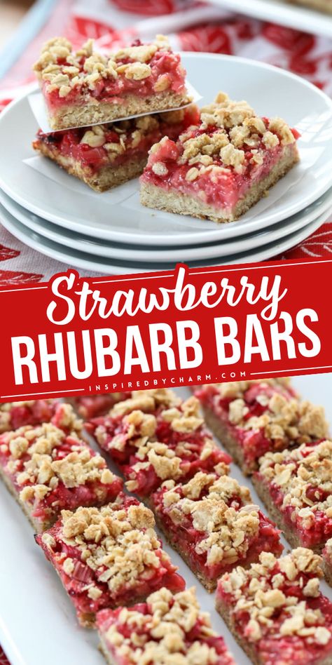 Give this easy Easter dessert recipe a try! You'll love these strawberry rhubarb bars with oats. From the rolled oat crust to the crumb topping, these rhubarb and strawberry bars are delicious! The perfect spring baked good! Strawberry Rhubarb Cookie Bars, Strawberry Rhubarb Squares, Rhubarb Strawberry Bars, Strawberry Rhubarb Custard Bars, Strawberry Rhubarb Pie Bars, Strawberry Rhubarb Cupcakes, Strawberry Rhubarb Cookies, Strawberry Rhubarb Recipes Healthy, Rhubarb Strawberry Recipes