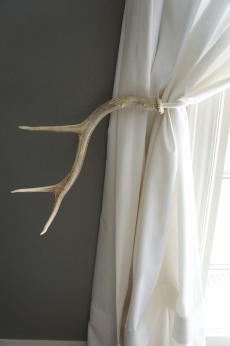 Antler Curtain Tie Back Holdback Cabin Decor by UpscaleDownhome Antler Diy Projects, Decorating With Antlers, Antler Ideas, Cabin Decorating, Montana Style, Curtain Holder, Dream Husband, Cottage Ideas, Curtain Ties