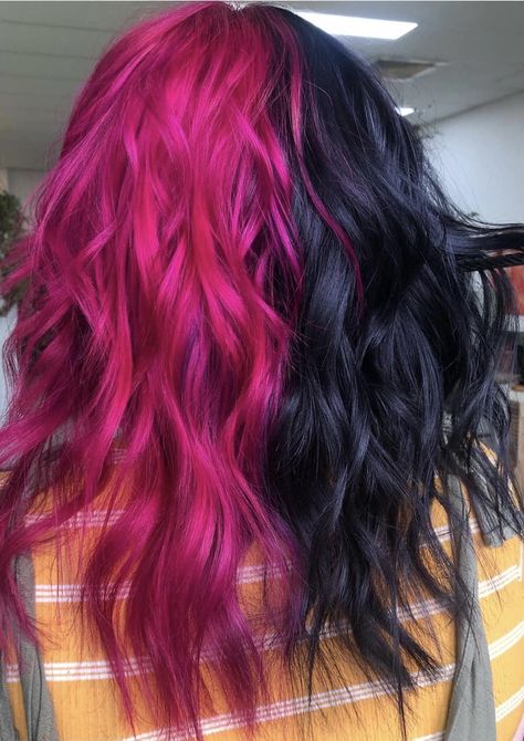 Magenta Hair Dye Ideas, Red And Pink Split Dye, Black And Pink Split Dye, Magenta Hair Dye, Split Dye, Magenta Hair, Split Dyed Hair, Hot Pink Hair, Black Hair Dye