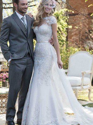 Trumpet/Mermaid Spaghetti Straps Sleeveless Lace Court Train Tulle Wedding Dresses - Wedding Dresses - Hebeos Train Wedding Dresses, Trumpet Wedding Dress, Wedding Dress Train, Beautiful Prom Dresses, Ribbon Belt, Wedding Dresses Satin, Popular Dresses, Satin Wedding, Tulle Wedding