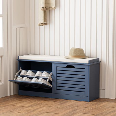 PRICES MAY VARY. [Flip Drawers Shoe Bench] Featuring with 2 flip drawers, this shoe storage bench can store up to 8 pairs of shoes, keep your shoes well organized and reduce clutter. The shelf in each drawer is removable or 2-position adjustable to meet your different shoes storage needs, from slippers to high heels. More importantly, this shoe bench can store men's shoe up to size 10.5. [Sturdy Construction] Crafted of MDF material, the surface is finely polished and the edges are sanded, smoot Front Door Shoe Storage Outdoor, Front Door Shoe Storage Ideas, Outdoor Shoe Rack Ideas Front Porches, Outside Shoe Storage Ideas Porches, Outdoor Shoe Storage Ideas, Mudroom Blue, Shoe Storage Hidden, Front Door Shoe Storage, Hidden Shoe Rack