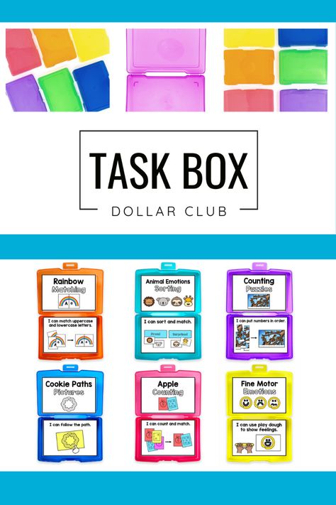 If you're looking for task boxes that will help students with a variety of skills, then the Task Box Dollar Club is perfect for you. You'll receive six new task boxes every month, each with its own focus. Whether it's early literacy or math skills, you can count on these boxes to provide engaging activities. Plus, they're perfect for kids who learn best through hands-on experiences. Task Boxes For Older Students, Task Boxes Preschool, Task Cards Kindergarten, Teacher Board, Slp Ideas, Preschool Speech, Teacher Boards, Task Boxes, Word Building