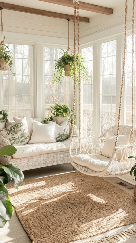 Sunny Indoor swing Swings In Living Room, Living Room With Swing, Indoor Sunroom Ideas, Swing In Living Room, Indoor Sunroom, Indoor Swing Chair, Decor Shelves, Sunroom Ideas, Dream Bedroom Inspiration