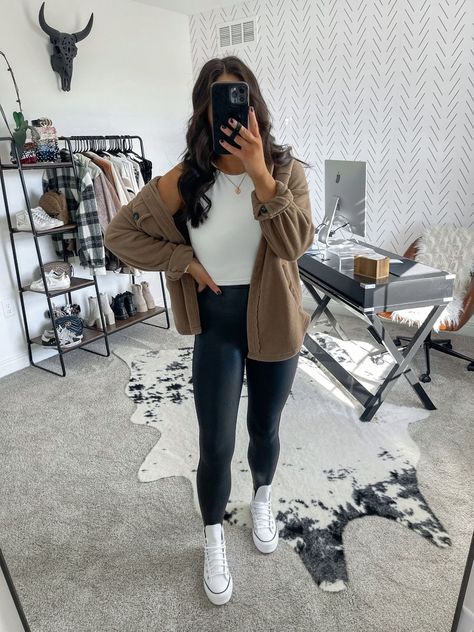 White Casual Outfits For Women, Fleece Shacket Outfit, High Neck Tank Top Outfit, Oversized Shacket Outfit, Neck Tank Top Outfit, White High Top Converse Outfit, Outfits With High Tops, Converse Outfit Fall, High Tops Outfit