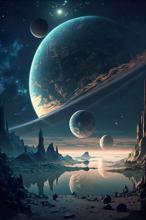 Planets In The Sky, Galaxies Wallpaper, Heaven Art, Planets Wallpaper, Space Artwork, Space Fantasy, Planets Art, Alien Worlds, Galaxy Art