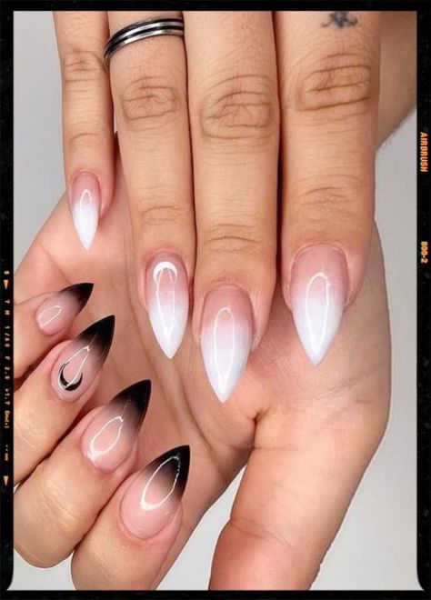 Black And White Moon Stiletto Nails Black And White Moon Nails, White Witchy Nails, White Moon Nails, Black And White Almond Nails Design, One Hand Black One Hand White Nails, Half Black Half White Nails, Gothic Nail Designs, Black And White Moon, White Stiletto Nails