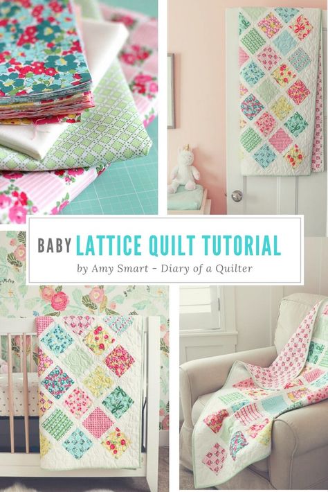 Lattice Baby Quilt Tutorial | Quilting Tutorials | Diary of a Quilter Lattice Baby Quilt, Quilted Crafts, Quilts Easy, Charm Pack Quilt Patterns, Baby Quilt Tutorials, Lattice Quilt, Beginning Quilting, Triangle Quilts, Charm Pack Quilts