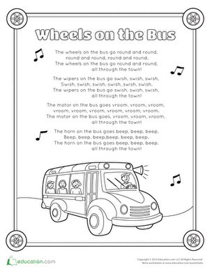 What goes round and round? The wheels on the bus! Sing this song and color in the pictures that go along with it!#educationdotcom Wheels On The Bus Song, Preschool Worksheets Free, Song Worksheet, Nursery Rhymes Poems, Preschool Worksheets Free Printables, School Bus Safety, Identifying Letters, The Wheels On The Bus, Struggling Students