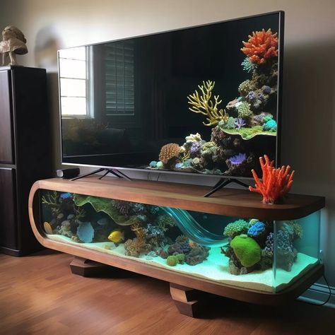 Aquarium TV Stand: Stylish Fish Tank Design for Your Living Room Fish Tank Tv Stand, Apartment Decorating Hacks, Fish Tank Themes, Fish Tank Stand, Cool Fish Tanks, Fish Tank Design, Fishing Room, Tank Stand, Aquarium Ideas