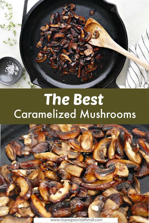 caramelized mushrooms separated by text box with recipe name Caramelized Mushrooms, Balsamic Vinegar Recipes, Gf Dinner, Easy Vegetable Side Dishes, Plant Based Recipes Easy, Fast Dinner Recipes, Stuffed Mushroom, Healthy Vegetable Recipes, Fast Dinners