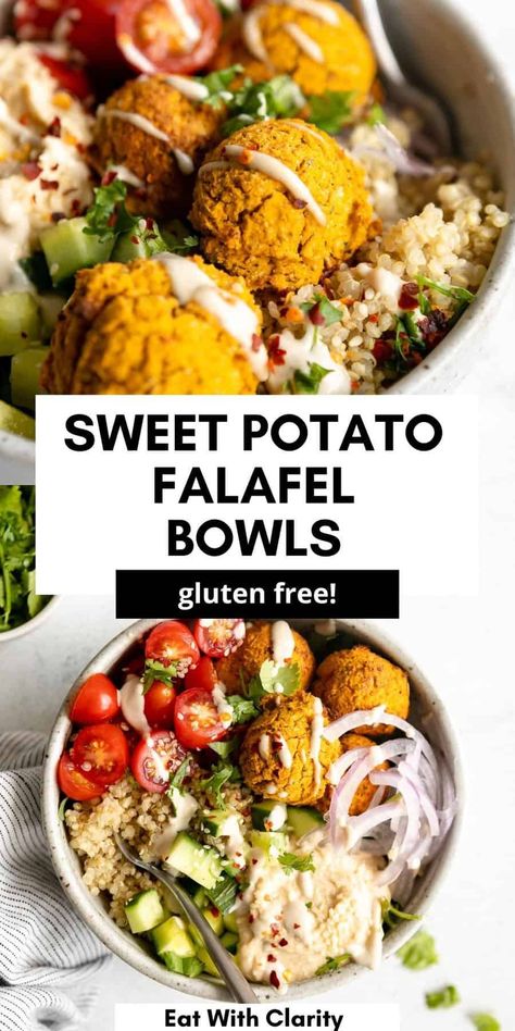 These sweet potato falafel bowls are filled with quinoa, cucumber, tomatoes and garlic tahini dressing. These vegan buddha bowls are easy to make and gluten free. This air fryer falafel can also be baked in the oven. The perfect meal prep buddha bowl. Hummus Bowls, Sweet Potato Falafel, Falafel Bowls, Gluten Free Falafel, Easy Falafel, Falafel Bowl, Quick Vegetarian Dinner, Dump Recipes, Hummus Bowl