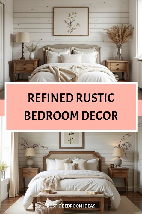 Sophisticated rustic bedroom with botanical accents Rustic Master, Reclaimed Wood Nightstand, Distressed Dresser, Rustic Farmhouse Bedroom, Rustic Bedroom Design, Refined Rustic, Rustic Bedroom Decor, Bedroom Style, Farmhouse Bedroom Decor