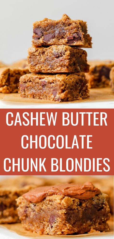 Made with cashew butter, oat flour, coconut sugar, chocolate, and a few more ingredients, these vegan blondies are easy to make, fudgy, and delicious. Cashew Butter Recipe Desserts, Cashew Butter Bars, Cashew Desserts Vegan, Recipes With Cashew Milk, Cashew Butter Dessert, Recipes With Cashew Butter, Cashew Dessert Recipes, Cashew Recipes Desserts, Vegan Blondies Recipe