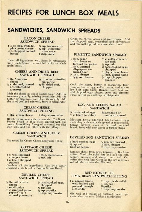 Vintage Recipes for sandwiches and sandwich fillings  - some show promise for apps or snacks Recipes For Sandwiches, Lunch Box Meals, Wartime Recipes, Resepi Biskut, Sandwich Fillings, Sandwich Spread, Waffle Cone, Handwritten Recipes, Vintage Cooking