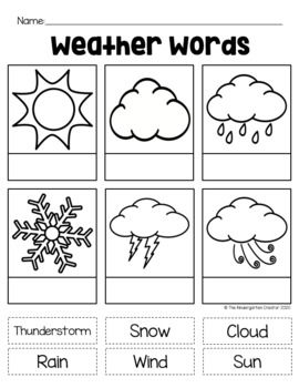 Cut and paste activity for your students to practice weather vocabulary words. This download includes three variations of the activity - cut and paste with six Weather Writing Activities Preschool, Weather Words For Preschool, Kindergarten Weather Worksheets, All Around The World Activities For Kids, Class Activity For Kindergarten, English Preschool Worksheets, Weather Art For Kids, Cut And Glue Activities For Kids, Seasons Preschool Activities