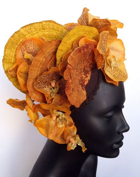 Orange Fungus & Orchid Headdress Headpiece: Unorthodox Wedding, Traditional Veil, She Looked Like Art, Mushroom Costume, The Grammys, Body Adornment, Dissociation, Wedding Accessory, Head Pieces