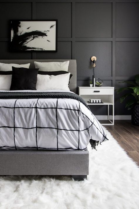 Check out these GORGEOUS master bedrooms with dark walls to inspire you that light isn’t always better. #modernhome #homedecor #oneroomchallenge Black And White Decor Ideas, Monochrome Bedroom, Black Bedroom Decor, White Bedroom Design, Bedroom Ideas For Couples Modern, Bedroom Reveal, Bedroom Black, Black And White Decor, Couple Bedroom