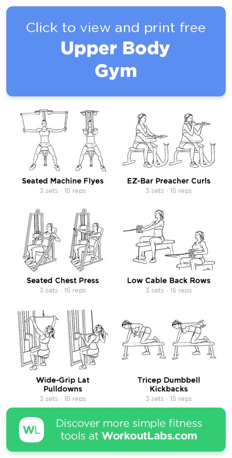 Upper Body | Gym – click to view and print this illustrated exercise plan created with #WorkoutLabsFit Strength Machine Workout Gym, Good Arm Workouts Gym Machines, Upper Body Workout Equipment, Equipment Workout Plan For Women, Weight Machine Arm Workout For Women, Combination Workouts Gym, Beginner Gym Upper Body Workout For Women, Home Gym Machine Workout Plan For Women, Arm Workout Equipment Gym