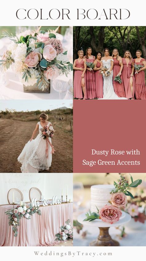 Get inspired by this dusty rose with sage green wedding accents color board with wedding centerpieces, bridal bouquets and wedding cake. Check out our blog for more wedding inspiration. Desert Rose And Sage Green Wedding, Centerpieces Wedding Dusty Rose, Dusty Pink And Forest Green Wedding, Sage Green And Dusty Rose Wedding Decor, Dusty Rose And Sage Green Wedding Reception, Dusty Rose And Sage Green Wedding Theme Bridesmaid Dress, Wedding Cake Dusty Rose And Sage Green, Dusty Rose And Sage Green Wedding Flowers, Dusty Rose Sage Green Wedding