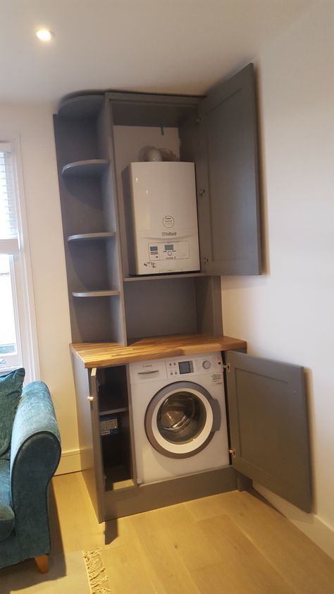 Boiler In Utility Room, Small Boiler Room Ideas, Cabinet Over Washing Machine, Covering Boiler Ideas, Washing Machine Cabinet Diy, Cupboard Above Washing Machine, Cover Up Boiler In Kitchen, Washing Machine Cupboard Small Spaces, Washing Machine Small Space