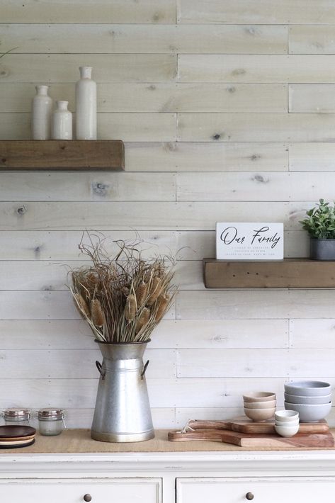 Modern Farmhouse Feature Wall, Whitewash Shiplap Wall, Weathered Shiplap Wall, Whitewash Pallet Wall, White Wash Paneling Walls, Shiplap Kitchen Accent Wall, Wooden Planks On Wall, Dining Room Feature Wall, Wood Paneling Living Room