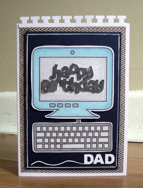 Thought of my father-in-law when I made the computer and keyboard dies. Maybe I'll have to make a card like this for him. Card created by silversparkles on flikr. Computer Cards Handmade, Computer Birthday Cards, Computer Birthday, Laptop Pictures, Computer Card, Minecraft Birthday Card, Computer Theme, Mens Cards, Simple Birthday Cards