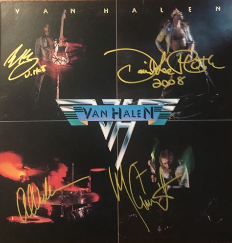 VAN HALEN 1st Album (Released February 10, 1978) selling more than 10 million copies in the United States. Signed by the original 4 members in 2008 with a gold paint pen. Eddie Van Halen, David Lee Roth, Alex Van Halen and Michael Anthony. Van Halen Album Covers, Rock Album Cover, Atomic Punk, Classic Rock Albums, Alex Van Halen, You Really Got Me, Rock Album Covers, Musica Disco, Classic Album Covers