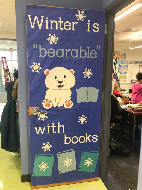 Winter Library Door Ideas, Elementary Library Christmas Decorations, December Library Bulletin Board Ideas, Christmas Reading Bulletin Board, Library Holiday Decorations, December Book Display, Library Christmas Door Decorations, Winter Library Bulletin Board Ideas, Winter Bulletin Boards For Library