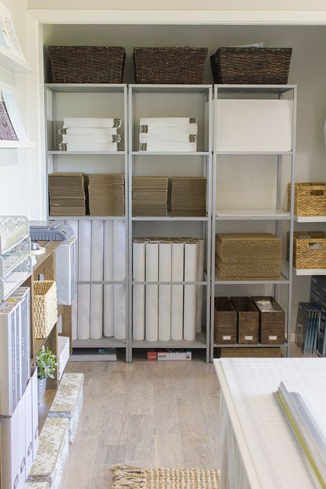 The Jenna Sue Design Co. Studio Reveal! | Jenna Sue Design Blog Shipping Station, Ebay Office, Inventory Organization, Inventory Storage, Jenna Sue Design, Business Storage, Packing Station, 1970s Home, Warehouse Design