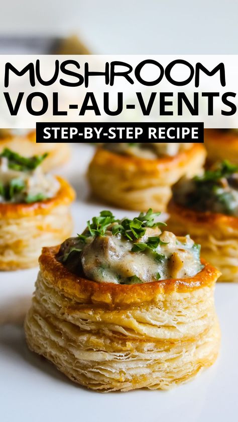 Homemade Mushroom Vol Au Vents made with puff pastry loaded with delicious creamy mushroom filling - perfect party appetiser recipe #mushroom #appetiser #volauvents #vol #au #vents #simple #quick #puff #pastry #puffpastry #easy #yummy Mushrooms Puff Pastry, Mushroom Stuffed Puff Pastry, Fancy Vegetable Appetizers, Mushroom Vol Au Vent, Mushroom Filling, Mushroom Dessert Ideas, Mushroom Pastry, Mushroom Puff Pastry, Vol Au Vent Fillings