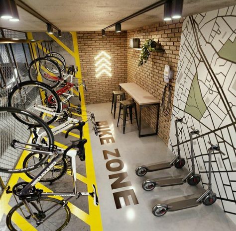 Bike Shop Interior Design, Bike Room Design, Bike Parking Design, Bike Office, Bike Storage Design, Bike Workshop, Bike Showroom, Bicycle Cafe, Bicycle Room