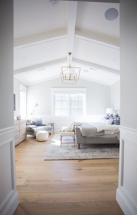 vaulted, ceiling, master bedroom, brass chandelier, board and batten, modern, transitional, blue, neutral, white beams Board And Batten Modern, Vaulted Ceiling Bedroom, Master Addition, White Beams, Apartment Decoration, Single Bedroom, Bedroom Ceiling, Bedroom Ceiling Light, Modern Transitional