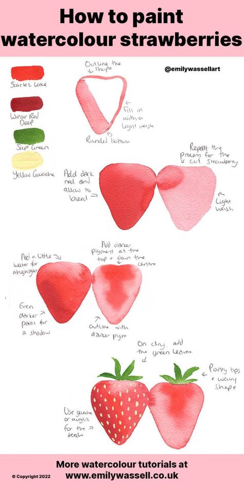 Water Colour Strawberry, Step By Step Fruit Painting, Watercolour Painting Strawberries, Watercolour Fruits Painting, Watercolor Paintings Strawberry, Strawberry Watercolour Painting, How To Shade With Watercolor, How To Shade Watercolor, Cute Things To Paint Watercolor