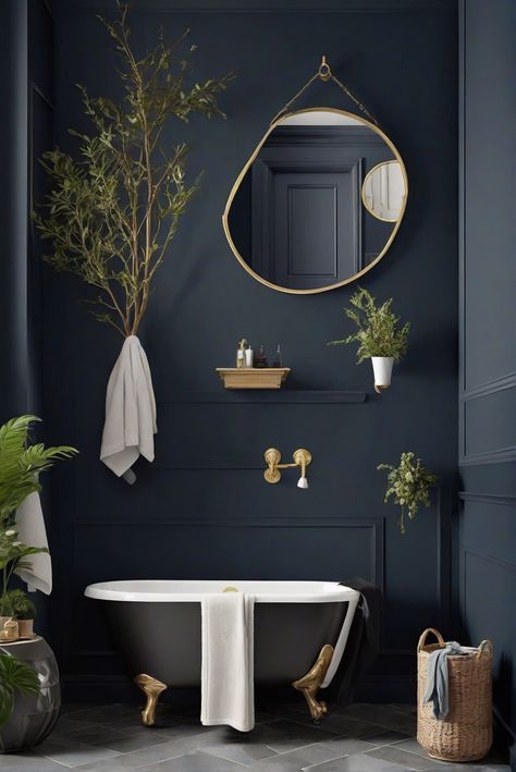 home decor interior design, home interior design, kitchen designs, interior bedroom design Dark Blue Wainscoting Bathroom, Bathroom With Dark Blue Walls, Dark Trim Bathroom, Dark Blue Wall Bathroom, Dark Blue Master Bath, Dark Painted Bathroom Walls, Moody Navy Bathroom, Half Bathroom Dark Walls, Blue Ensuite Bathroom Ideas