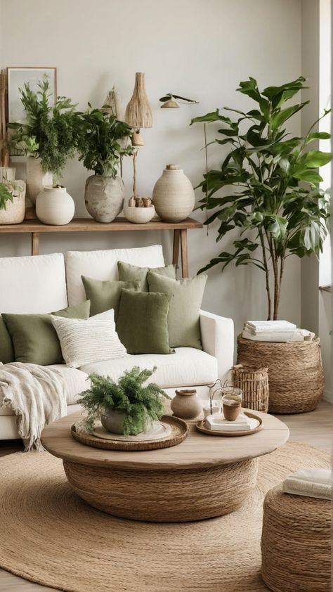 Living Room Olive Green Accents, Living Room Designs Earth Tones, Green Neutral Living Room, Tan And Green Living Room, Beige And Green Living Room, Earth Tone Living Room, Living Room Design Boho, Minimalist Living Room Ideas, Mediterranean Living Room