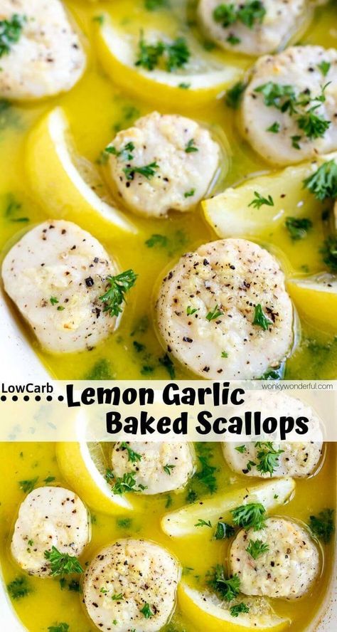 For a simple yet impressive meal make these Lemon Garlic Baked Scallops. This easy dinner recipe takes about 20 minutes and is low carb, Keto-friendly. #scallopsrecipes #bakedscallops #ketorecipes #ketodinner #lowcarbrecipes #lowcarbdinnerrecipes #easydinnerideas #dinnerrecipes #healthydinnerrecipes Cook Scallops, Garlic Baked, Baked Scallops, Delicious Seafood Recipes, Scallop Recipes, Easy Dinner Recipe, Low Carb Dinner Recipes, Seafood Dinner, Low Carb Recipes Dessert