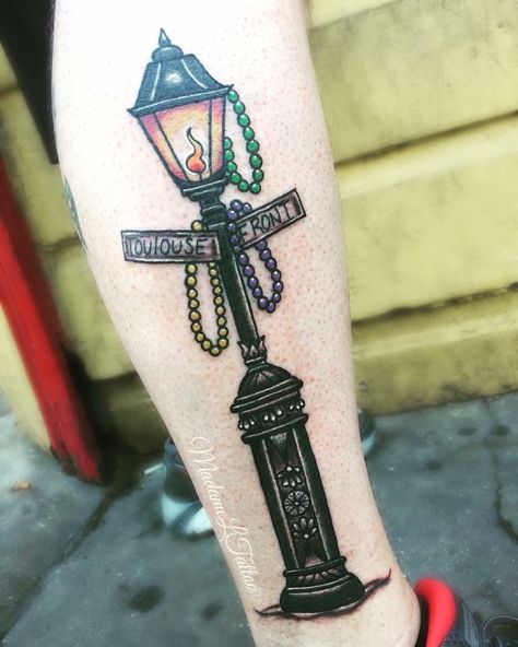 Nola lamp post lantern New Orleans Lantern Tattoo, Nola Inspired Tattoos, French Quarter Tattoo Ideas, New Orleans Tattoo Sleeve, Nola Tattoos Ideas, New Orleans Tattoos, Mardi Gras Tattoo, Lamp Post Tattoo, New Orleans Lamp Post