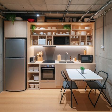 Basement Kitchen Ideas Small Kitchen In Basement, Unfinished Basement Kitchen, Hotel Room With Kitchenette Layout, Small Basement Kitchenette Ideas, Basement Mini Kitchen, Basement Kitchenette With Fridge, Guest House Kitchenette, Kitchenette Ideas Guest Suite, Small Basement Kitchen Ideas