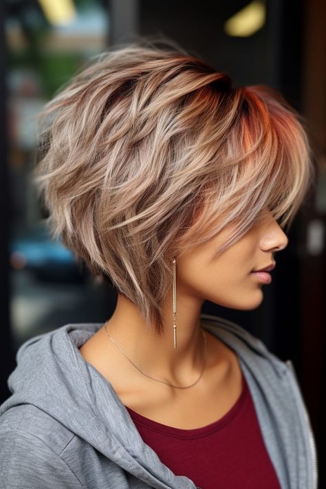 Bob Hairstyles Stacked Back, Stacked Shaggy Bob, Modern Bob With Bangs, Shag Bob Hairstyles, Short Layered Bob Hairstyles For Fine Hair, Short Angled Bob With Layers, Choppy Inverted Bob Hairstyles, Short Choppy Bob For Fine Hair, Short Stacked Bob Haircut Over 50