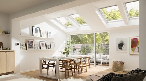 Velux Skylights Kitchen, Skylight Kitchen, Velux Skylights, Kitchen Diner Extension, Open Plan Kitchen Dining Living, Roof Windows, Open Plan Kitchen Living, Roof Extension, Open Plan Kitchen Living Room