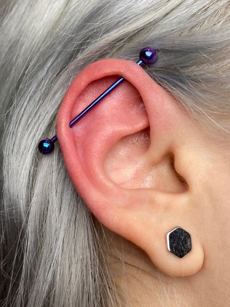 Industrial piercing with titanium 35mm barbell anodized in blurple😈 Piercing Industrial, Industrial Piercing, Body Mods, Piercings, Quick Saves