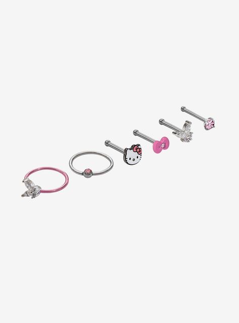 Set of 4 silver-tone nose studs with Hello Kitty face  pink bow  gem butterfly and pink gem detailing  one silver-tone hoop with pink gem and one pink-tone hoop with butterfly. Jewelry care: Wash with antibacterial soap and warm water. Piercing care: Wash hands thoroughly  then clean piercing with H2Ocean (sold separately) or saline solution. 316L surgical steel - may contain some nickelSet of 6Hello Kitty head: 5.82mm x 5.34mmGem butterfly: 5.33mm x 4.63mmBow: 4.95mm x Hello Kitty Nose Stud, Hello Kitty Helix Piercing, Pretty Nose Rings, Hello Kitty Nose Ring, Hello Kitty Nose Piercing, Tiny Nose Piercing Stud, Hello Kitty Piercing, Pink Girly Things Accessories, Hello Kitty Butterfly