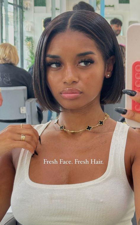 Chin Bob Black Women, Reddish Brown Bob Haircut, Bob Inspo Black Women, Layered Bob Natural Hair Black Women, Black Women Relaxed Hairstyles, Chin Length Hair Black Women, Relaxed Hair Bangs, Super Short Bob Black Women, Bob Cut On Black Women