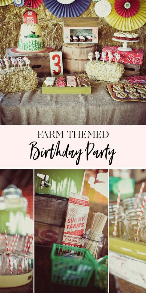 Farm Animal Themed 2nd Birthday Party, Down On The Farm Birthday Party, One Year Old Farm Theme Birthday, Three Year Old Birthday Ideas, 3rd Farm Birthday Party, Three Year Old Farm Birthday, Farm Third Birthday Party, Farm 3rd Birthday Party For Boys, Three E I E I O Birthday