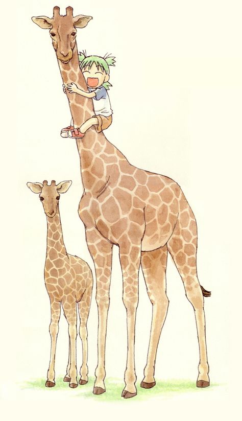 Yotsuba & Giraffes! Koiwai Yotsuba, Kawaii Chibi Art, Kiyohiko Azuma, Yotsuba Koiwai, Giraffe Heart, Heart Kawaii, Yotsuba Manga, Animal Line Drawings, Giraffe Drawing