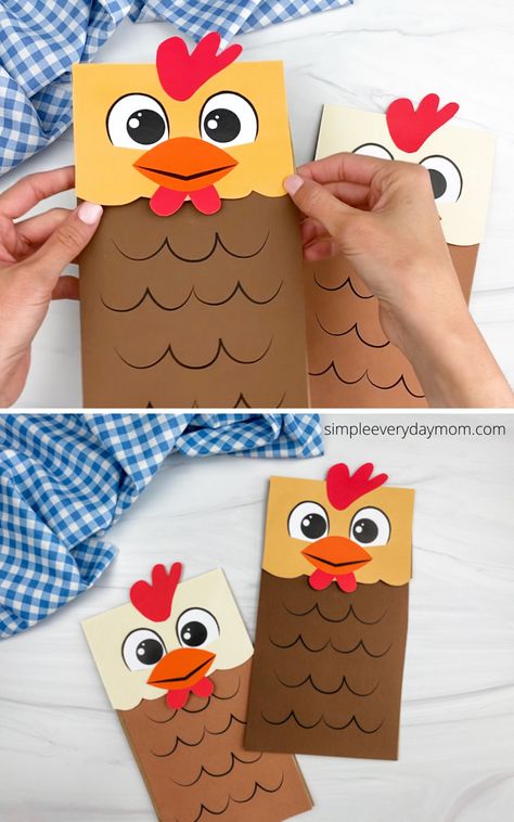 Paper Bag Chicken Craft, Paper Bag Farm Animal Puppets, Chicken Puppet Craft, Chicken Crafts For Toddlers, Paper Bag Animals, Chicken Crafts For Kids, Farm Animal Crafts For Kids, Paper Bag Crafts For Kids, Animals Crafts For Kids