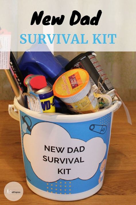 Surprise the daddy to be with a new dad survival kit! Click to see a list of most popular items and many examples so you can start building your own! As a bonus, the free printable will save you many hours. #new_daddy #gift_for_dad #new_dad_survival_kit #dadprogress Survival Kit Ideas, New Dad Survival Kit, Parent Survival Kit, Dad Gifts Basket, Pregnancy Survival Kit, Dad Baby Shower Gift, First Time Dad Gifts, Kit Ideas, Dad Baby