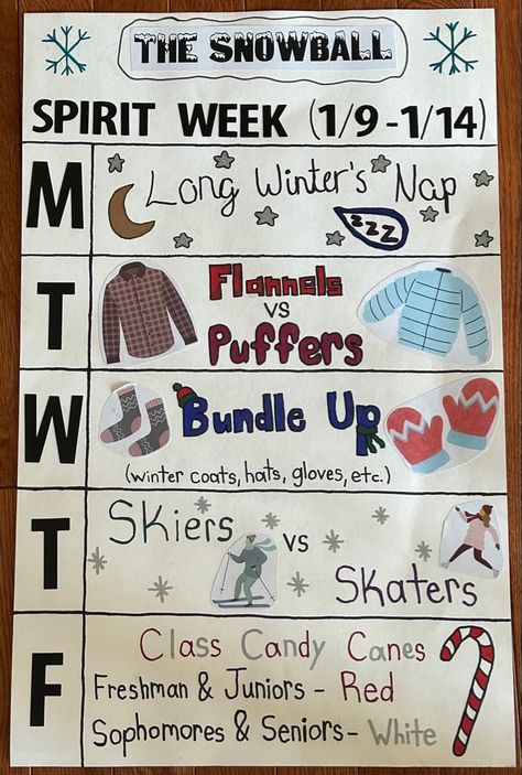 Spirit Themes High Schools, Homecoming Days Spirit Weeks, Spirit Week Poster Ideas, Winter Spirit Week Ideas, Fall Spirit Week Ideas, Hoco Spirit Week Ideas, Spirit Week Posters, Hoco Ideas Themes, Spirit Day Themes