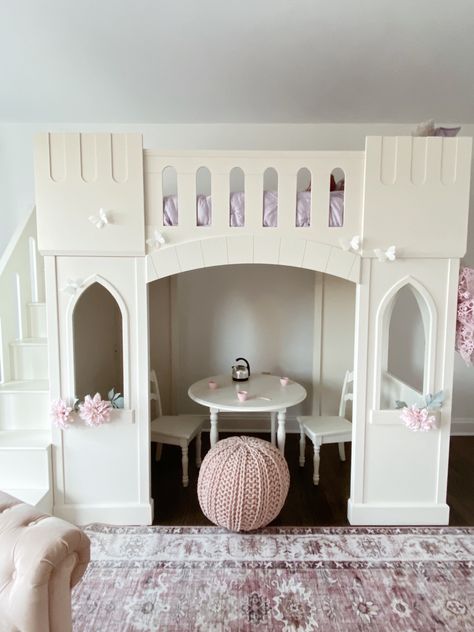 Princess Beds For Kids Daughters, Castle Beds For Kids, Kids Castle Bed, Castle Loft Bed Diy, Loft Bed Castle, Bunk Bed Castle, Pink And Purple Princess Room, Diy Castle Bed, Castle Beds For Girls Room